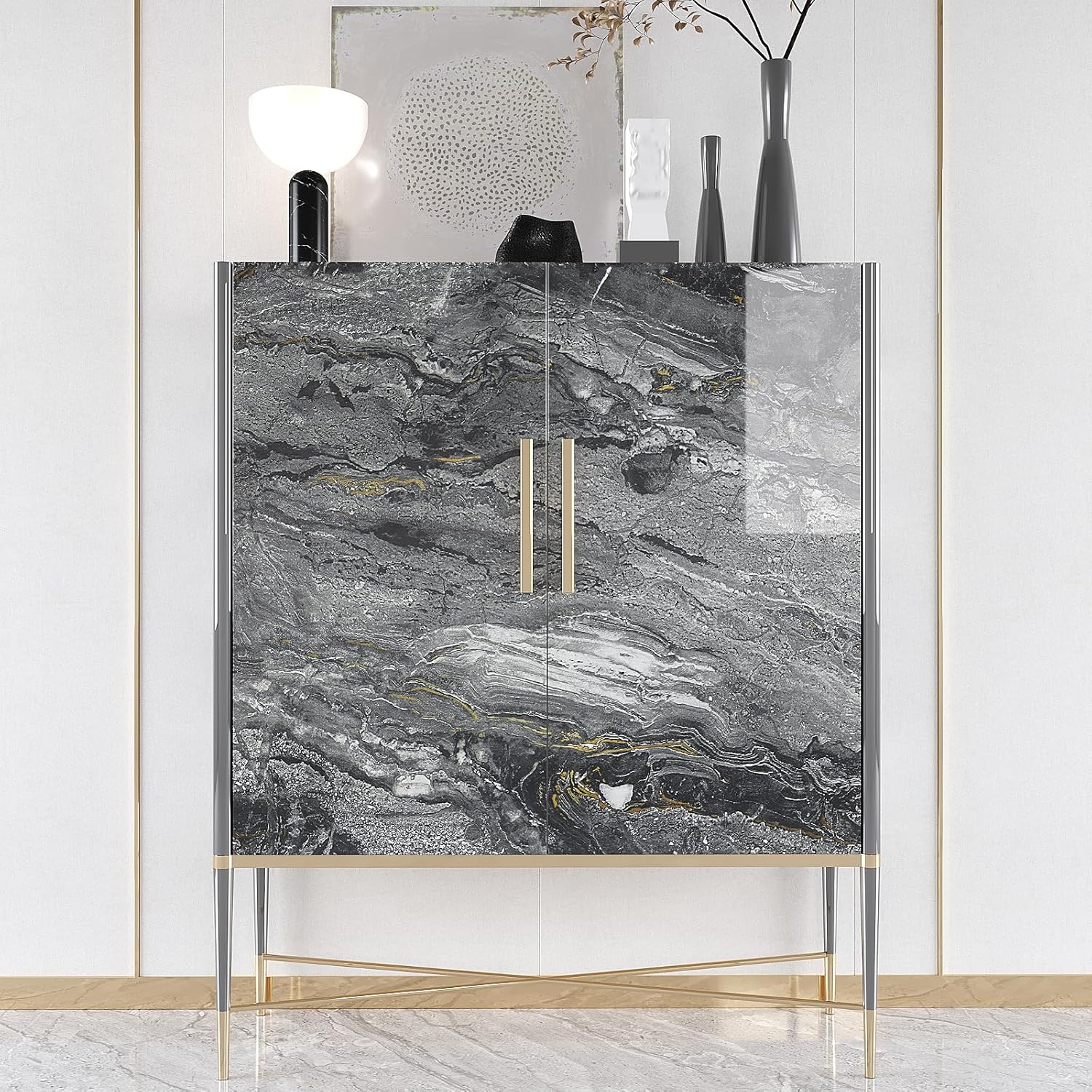 VEELIKE Wide Gold Grey Marble Contact Paper for Countertops Peel and Stick Waterproof Countertop Contact Paper 32''x118'' Glossy Marble Wallpaper Peel and Stick Countertops for Kitchen Bathroom Table