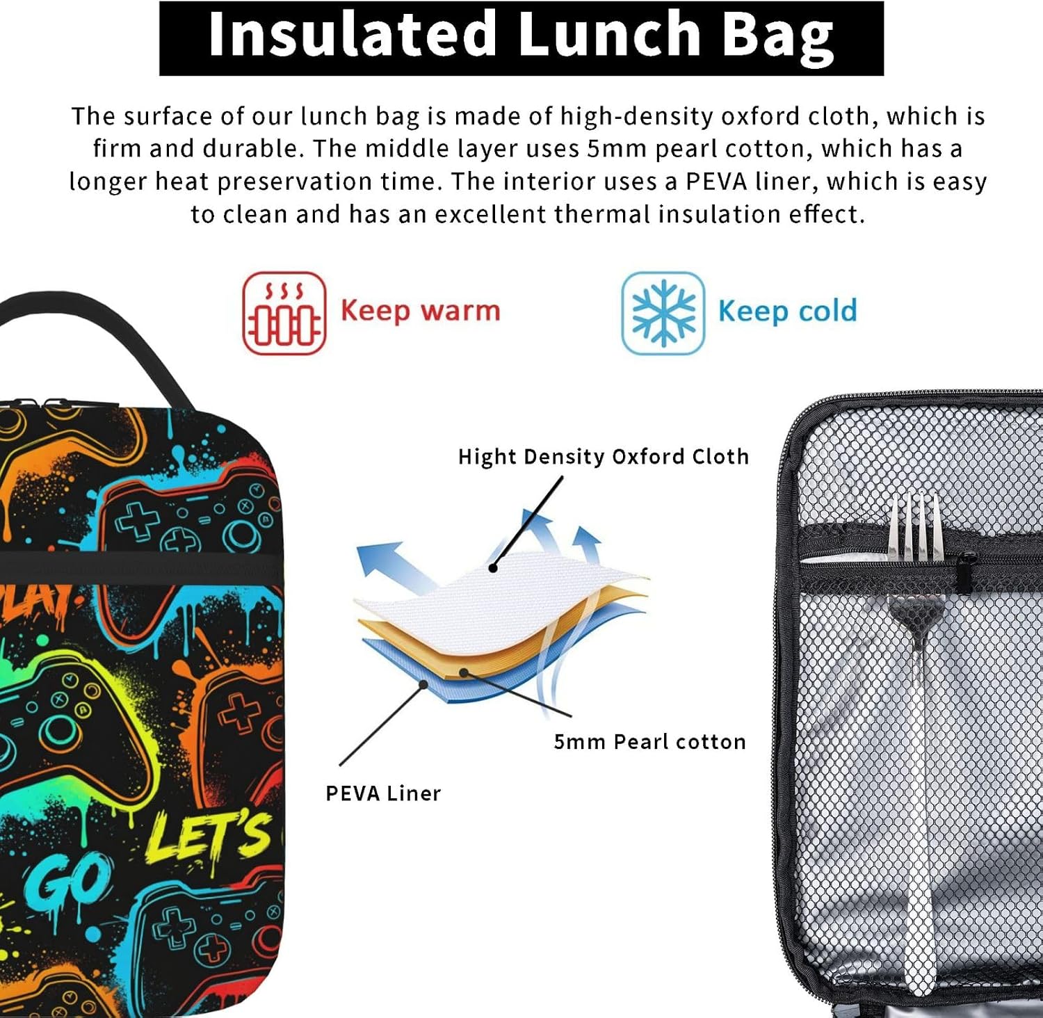 YETTA YANG Colorful Neon Video Game Cool Portable Lunch Bag Insulated Lunch Box Reusable Totes For Women Men Work Picnic Camping