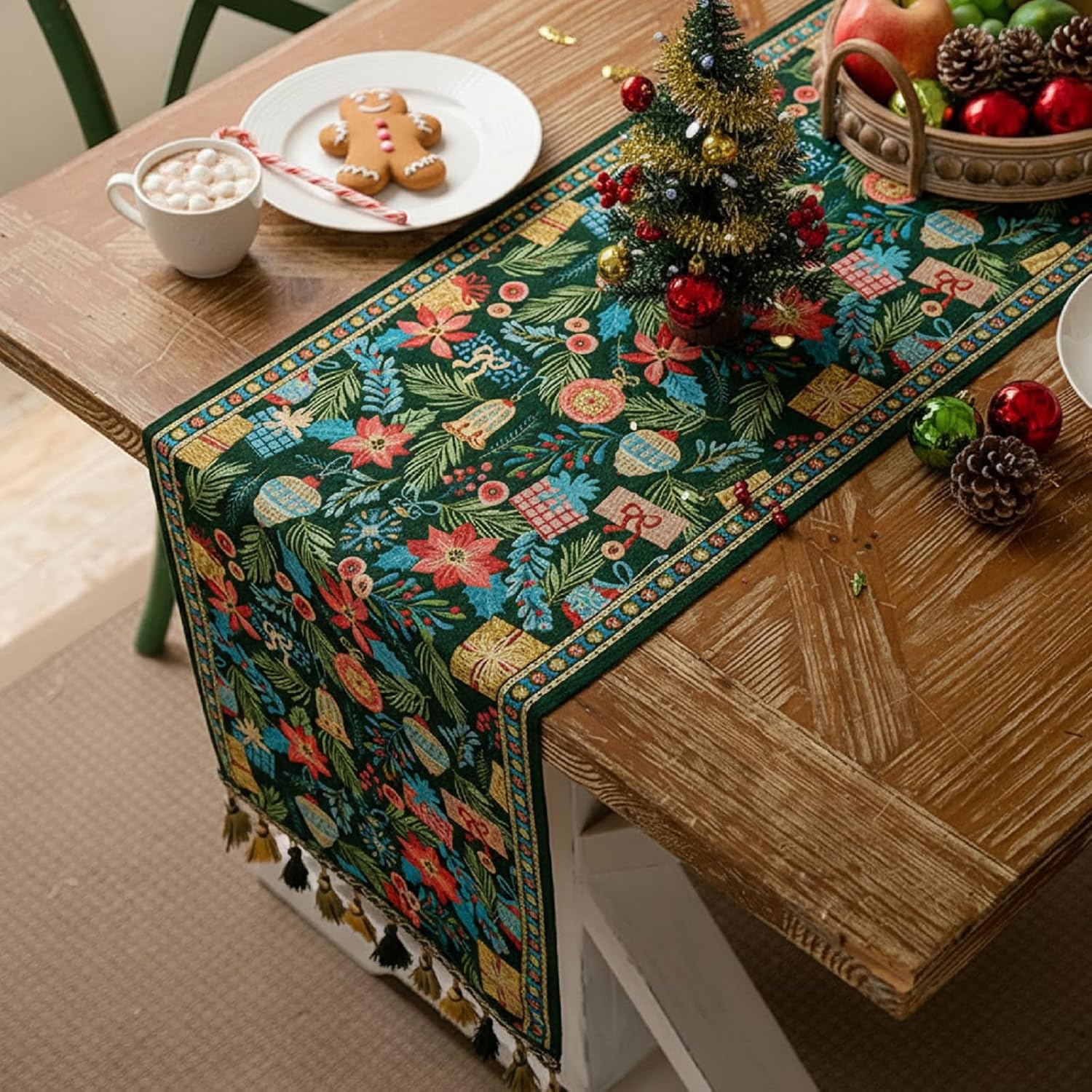 Hahafelt Christmas Table Runner with Tassels, 13 x 72 Inch Boho Rustic Farmhouse Runner Country Kitchen Dining Table Decoration for Mantel Dresser Festive Holiday Winter Xmas Party Supplies