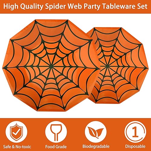 Miniatura 4 de 173 piezas de tela de araña de Halloween, suministros de telaraña naranja, juego de vajilla desechable para 24 platos de papel, servilletas, vasos,