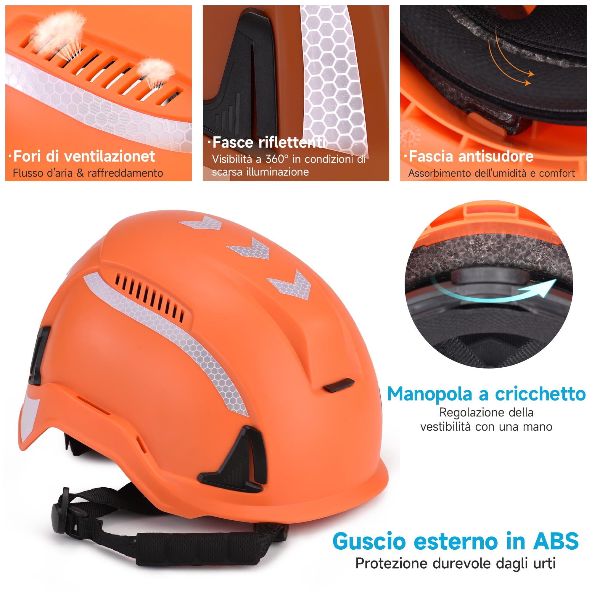 SAFEYEAR Casco di sicurezza tipo 2, casco da costruzione e arrampicata EN397 & EN12492, casco da lavoro con sottogola, ventilazione, strisce riflettenti e manopola 53-64 cm, casco protettivo per