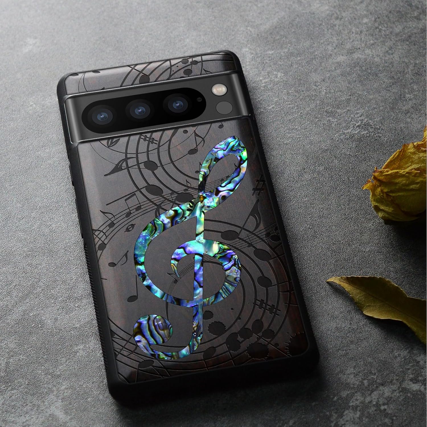 Carveit Designer Wooden Case for Google Pixel 8 Pro Case Cover [Wood Engraving & Shell Inlay] Compatible with Wireless Chargers Pixel 8 Pro (Musical Note-Blackwood)