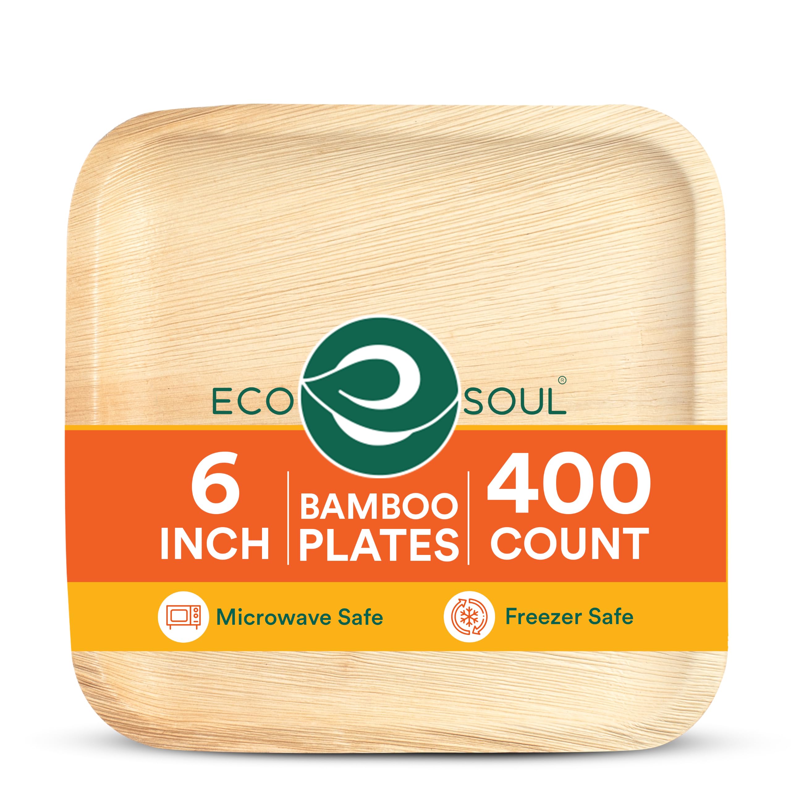 ECO SOUL Platos cuadrados compostables de hoja de palma de 6 pulgadas (400 unidades) como platos de bambú, biodegradables, ecológicos, aptos para microondas y horno