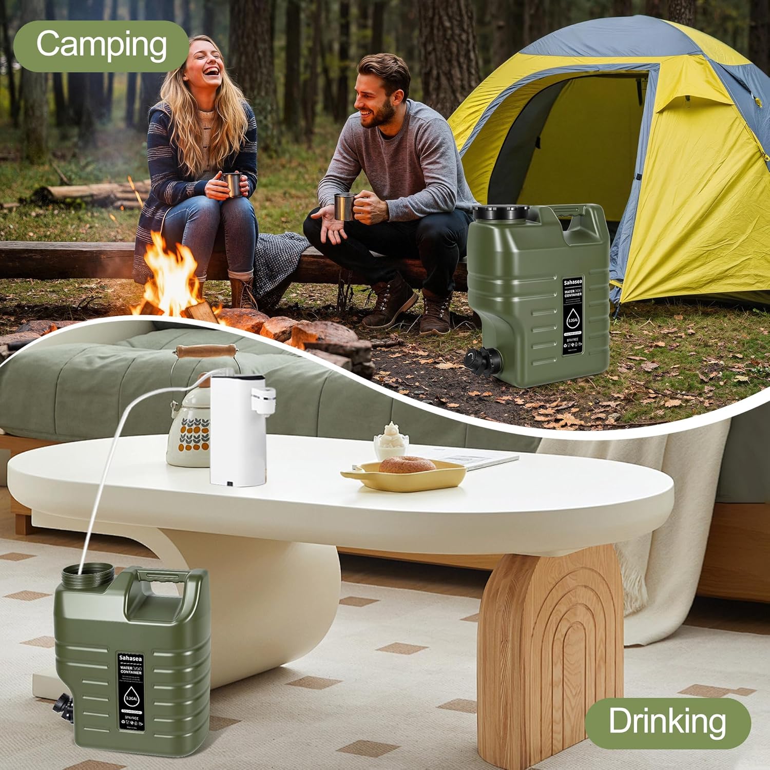 3.2 Gallon Water Jug, Portable Camping Water Jug Dispenser with Spigot, Leak-Proof Water Storage Containers for Camping, Outdoor, Hiking, Picnic, RV, BPA Free Emergency Water Tank, Green