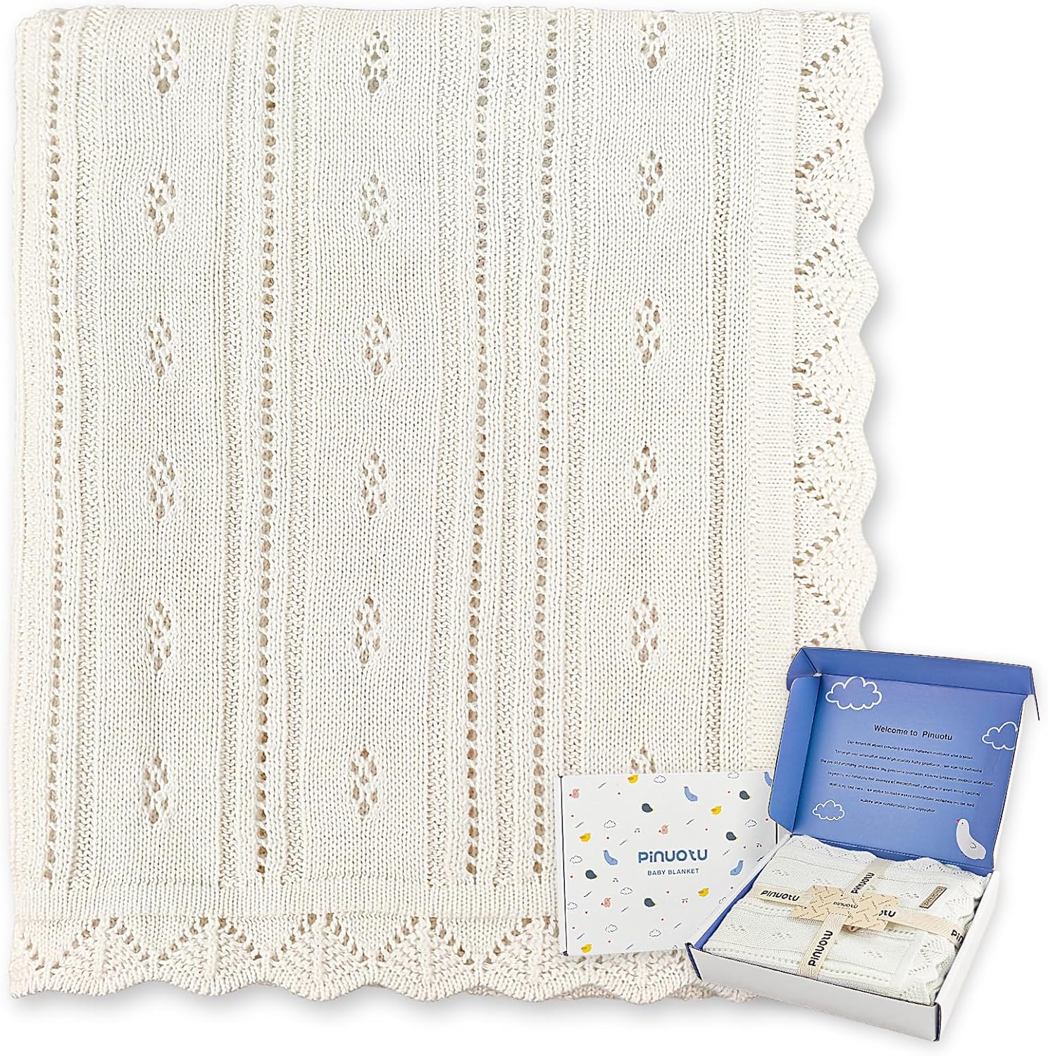 Cotton Pointelle Knitted Baby Blanket – Ultra-Soft, Breathable, 31″x40″Inch, Perfect for Swaddle, Crib, Stroller – Premium Newborn Gift for Boys & Girls (White)