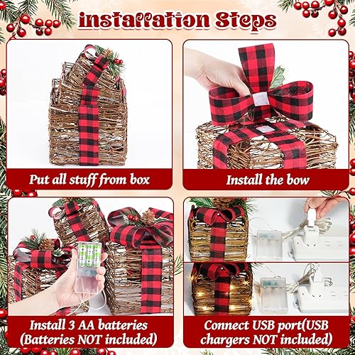 Miniatura 3 de LAWOHO Juego de 3 cajas de regalo iluminadas de Navidad, cajas de regalo de ratán marrón con lazos, cajas de regalo de Navidad LED para decoraciones