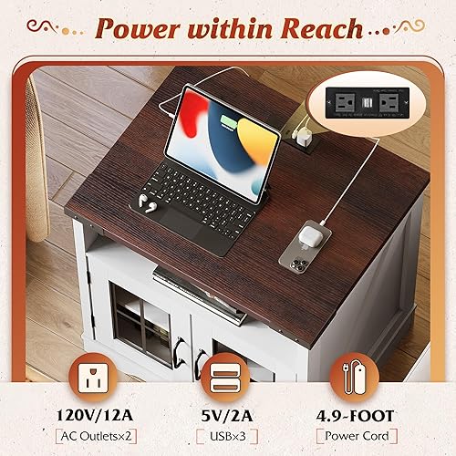 Miniatura 4 de WLIVE Mesa auxiliar de granja, mesa auxiliar para sala de estar con estación de carga, mesita de noche LED de granja con estante de almacenamiento