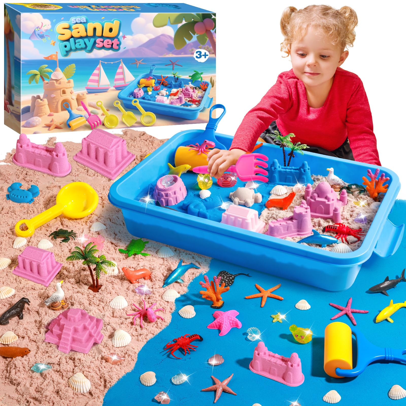 twoonto Spielsandkunst Set, Ozean Sensorikbehälter mit 1,5 kg Farbsand Sandkasten Sensorikspielzeug Meerestierformen, Burgformen für Mädchen und Jungen im Alter von 3 4 5 6 7 8 9 Jahren