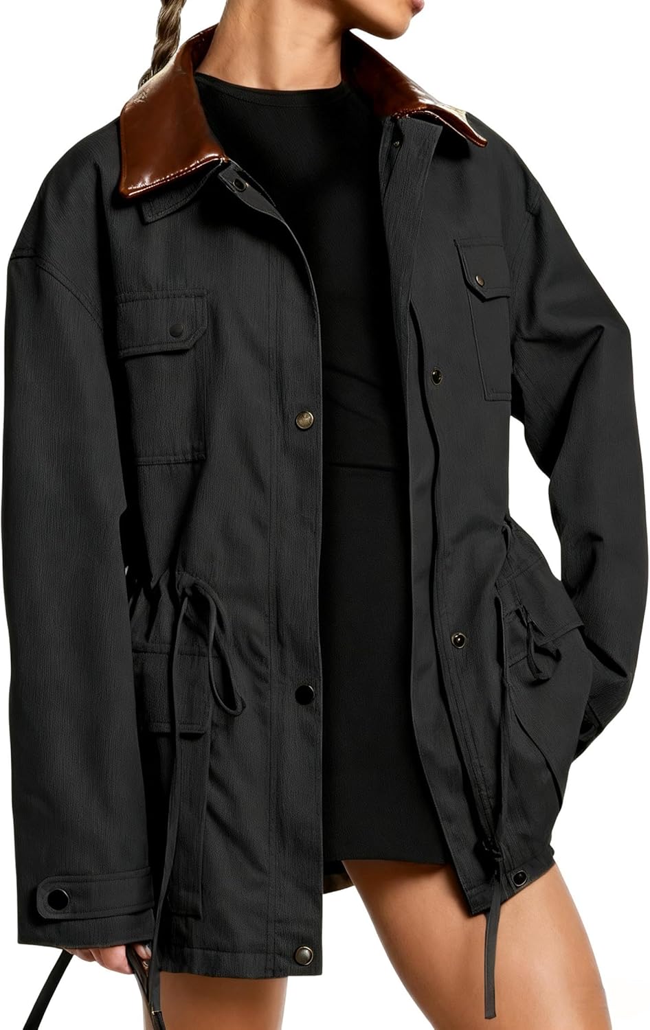 VAOYIU Faux Leather Collar Utility Jacket Button Zip Up Coat with Multiple Pockets Trendy Drawstring Waist Outerwear