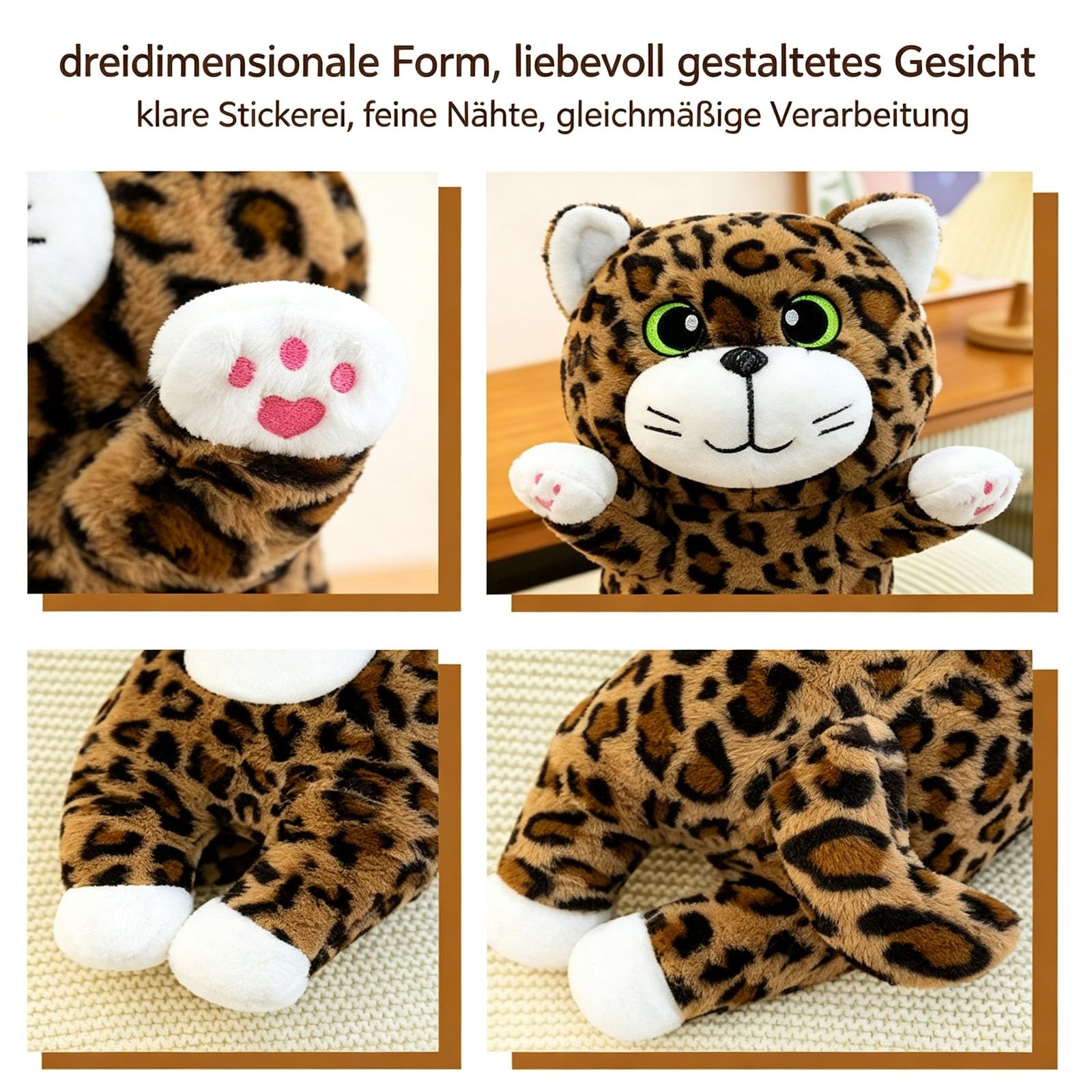 AMOSIJOY Lange Katze Kuscheltier, Leopardenmuster Katze Plüschkissen, Katze Plüschtier Ausgestopftes Tier Spielzeug Kuschelkissen als Schlafbegleiter, Geschenk Für Kinder Freundin (110cm)