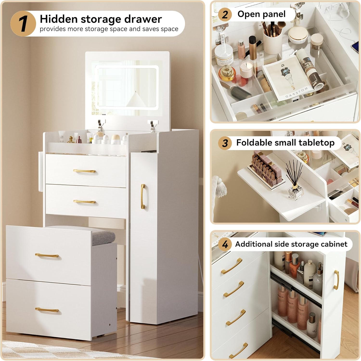 Small Vanity Desk,Compact Vanity Set with Power Outlet,3 in 1 Makeup Vanity with Lights with 3 Modes Lighting,Plip Mirror,Sliding Cabinet,Storage Stool,Dressing Table,White Vanity PT01DTM