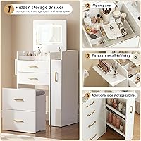 Vista 6 de Herture Pequeño tocador de tocador, juego de tocador compacto con toma de corriente, tocador de maquillaje 3 en 1 con luces con 3 modos