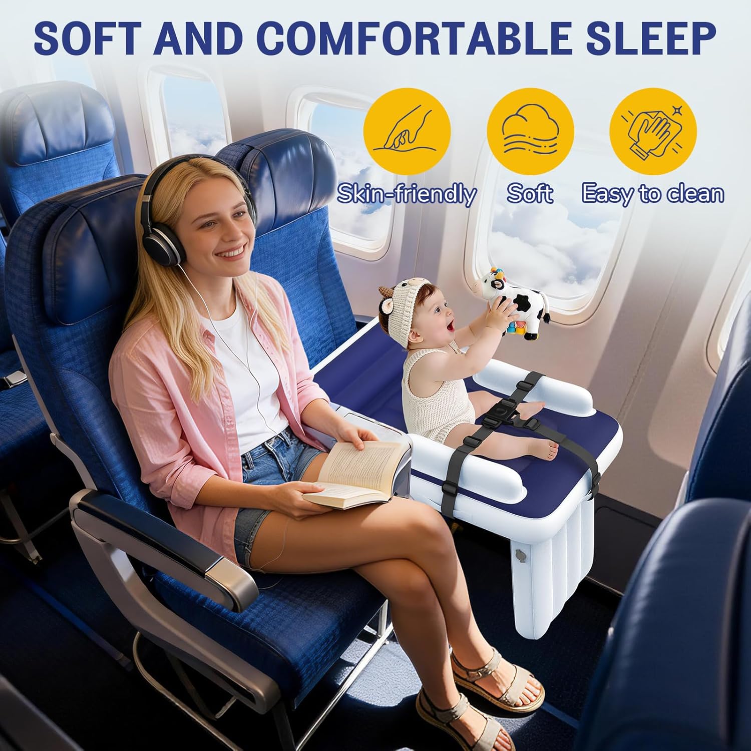 Toddler Airplane Bed - Inflatable Airplane Bed for Toddlers, Blow Up Air Mattress for Kids, Travel Baby Mattress Plane for Flight with Safety Belt, Carry Bag, Fast-Pump & Storage Pocket