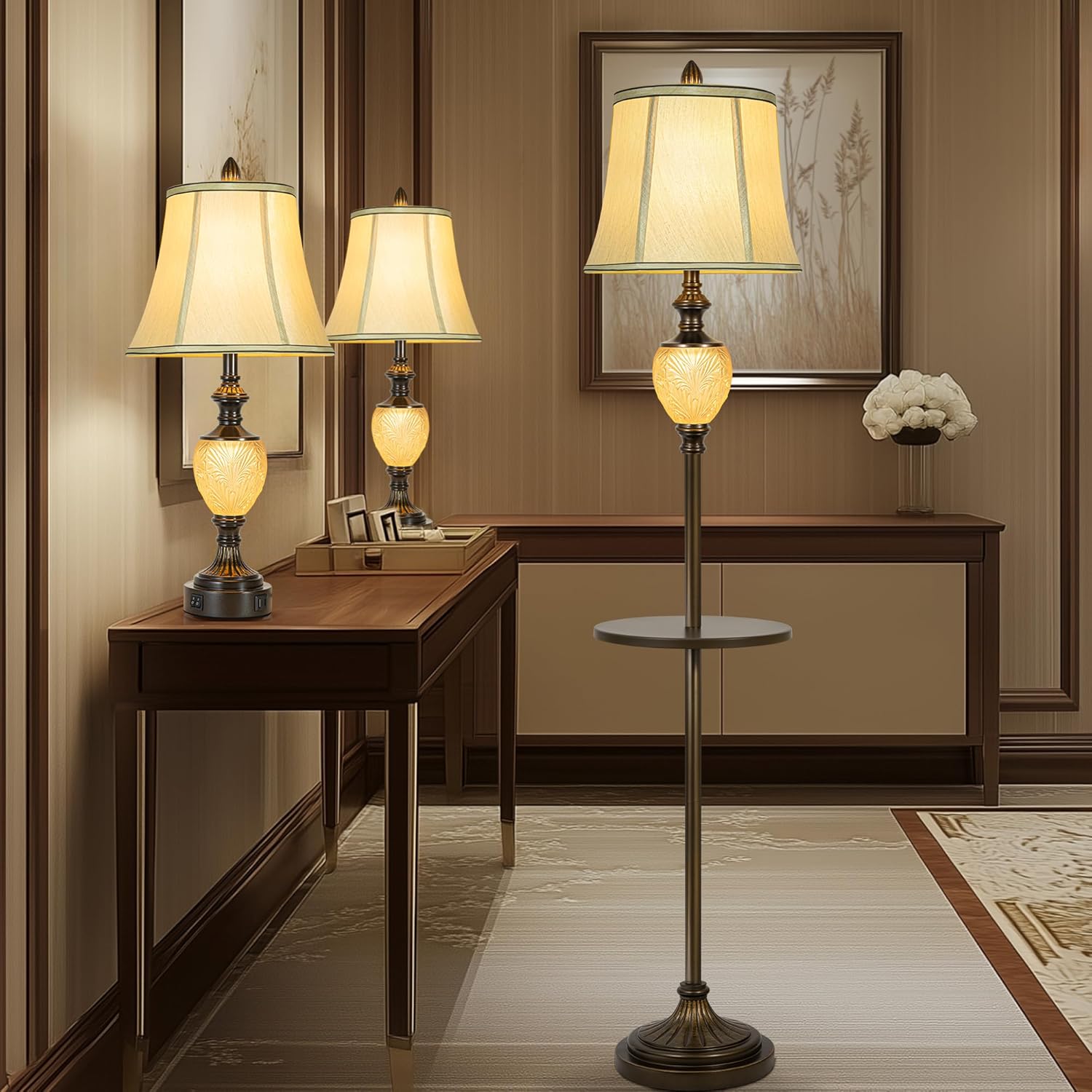 64'' Tray + 27'' Table Lamp Set of 2, Farmhouse Bedside Nightlight, Rustic Vintage Faux Silk Shade Decor