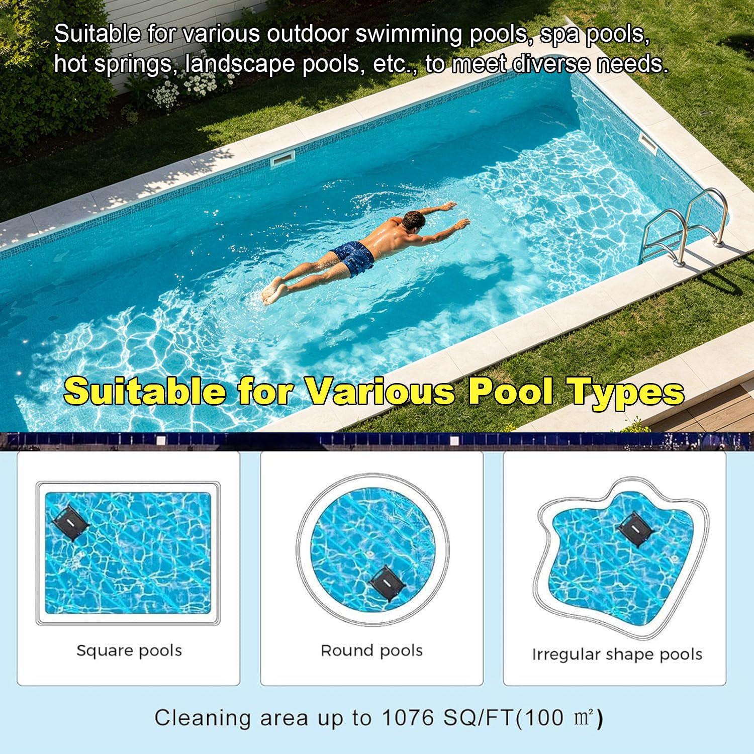 Écumoire de piscine robotique à énergie solaire avec nettoyage continu 22 h, panier filtrant de grande capacité de 3,8 L, application et télécommande, évitement intelligent des obstacles pour les