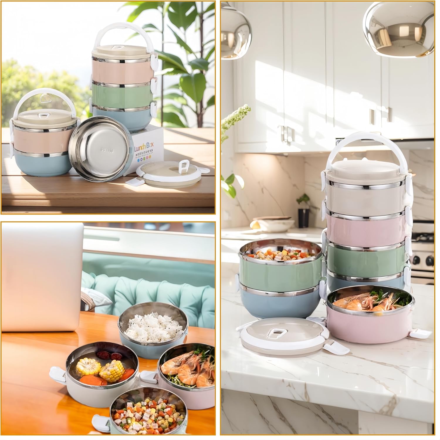 Portable Thermal Lunch Box: 304 Stainless Steel Thermal Lunch Containers, Leakproof Stackable Bento Box Adult, Food Storage for Office Outdoor Travel (3 Layers)