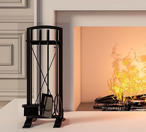 Miniatura 7 de Wrouhgt - Juego de herramientas para chimenea de hierro con poker, pinzas, pala, escoba, diseño contemporáneo para chimenea