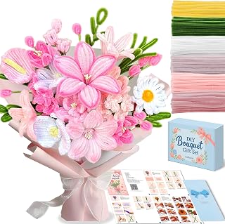 NREDXOON Pipe Cleaner Flower Kit for Adults, 400PCS DIY Lily & Tulip Bouquet Making Kit, Relaxing Craft for Stress Relief, Thoughtful Handmade Birthday Gift for Mom, Women(Pink)