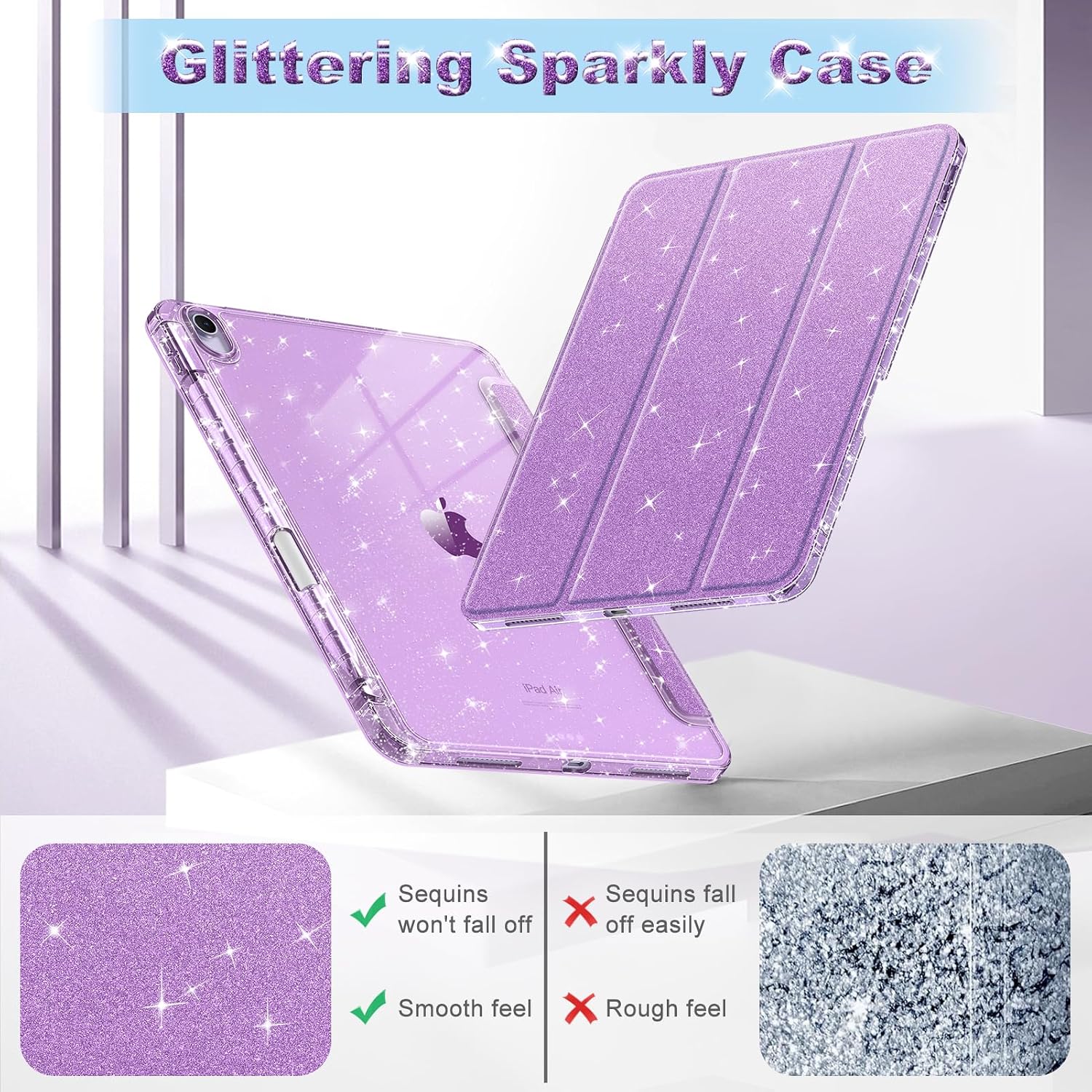 Fintie Slim Case with Pencil Holder for iPad Air 11-inch M4/M3/M2 (2026/2025/2024), iPad Air 5th (2022) / 4th Generation 10.9 Inch - Glittering Sparkly Cover with Shiny Clear Back Shell, Purple