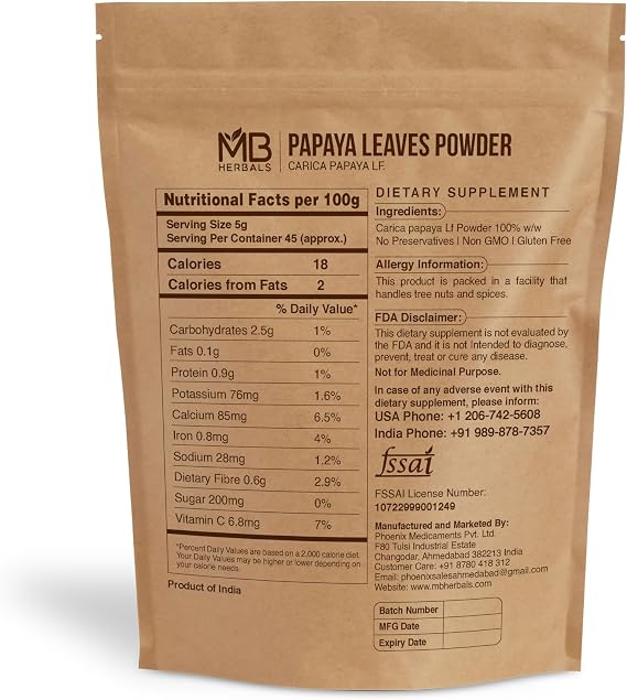 MB Herbals Papaya Leaf Powder 8 oz (0.5 lb | for Papaya Leaf Tea and Supplement | Carica Papaya | Papaya Leaves Powder Hair & Skin Care | No Preservatives