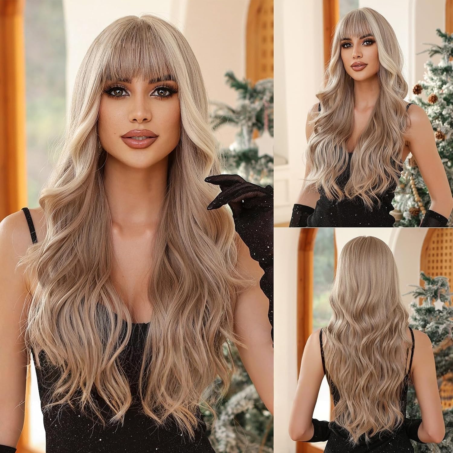 Real Human Hair Wavy Lace Front Wig Black to Ash Gray Ombre Long Curly with Side Bangs Heat Resistant Full Wig for Women Daily & Party (Black gradient gray 25inch)