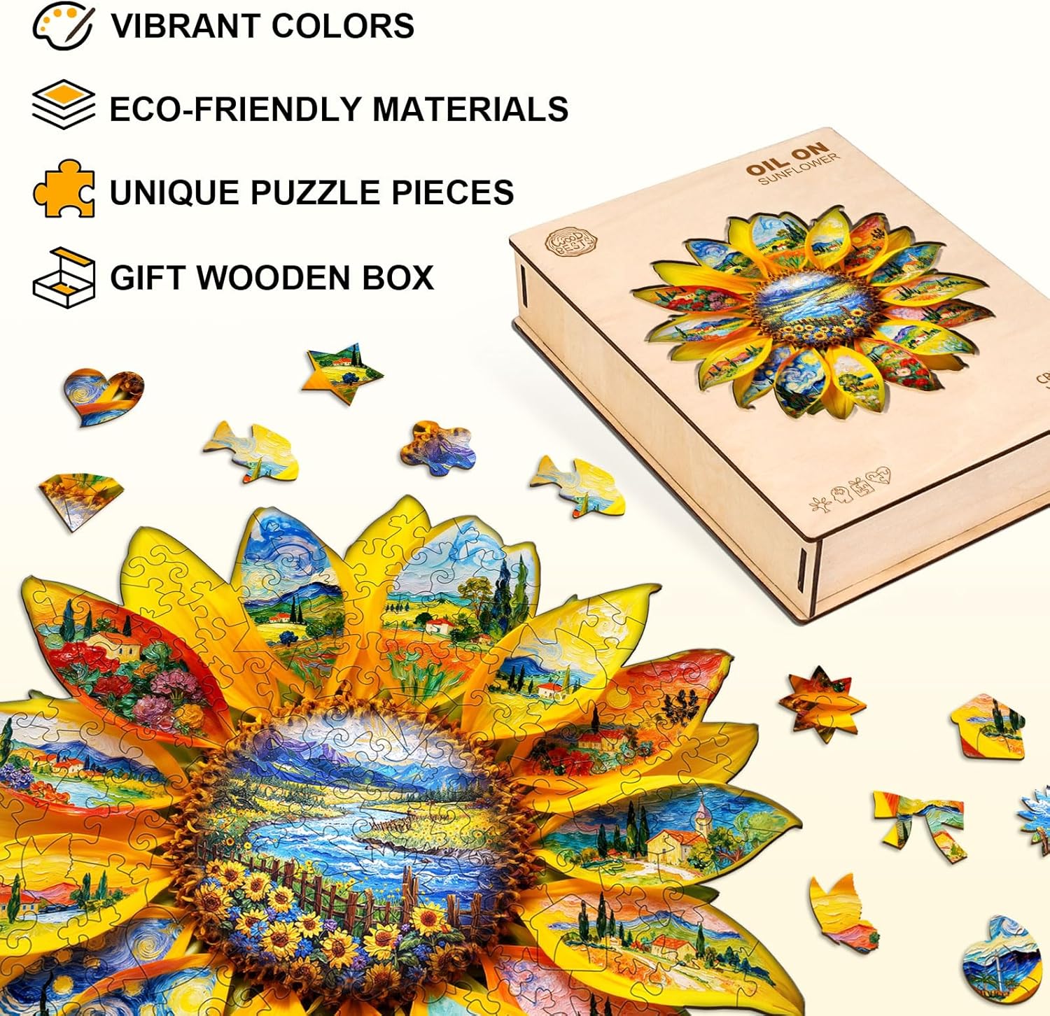 KAAYEE Wooden Puzzles for Adults, Oil on Sunflower Jigsaw Puzzles, 180 Piece Unique Shape Puzzle, Creative Gifts for Adults/Friends/Family, Family Game，Halloween Decor(11.4 * 11.1in)