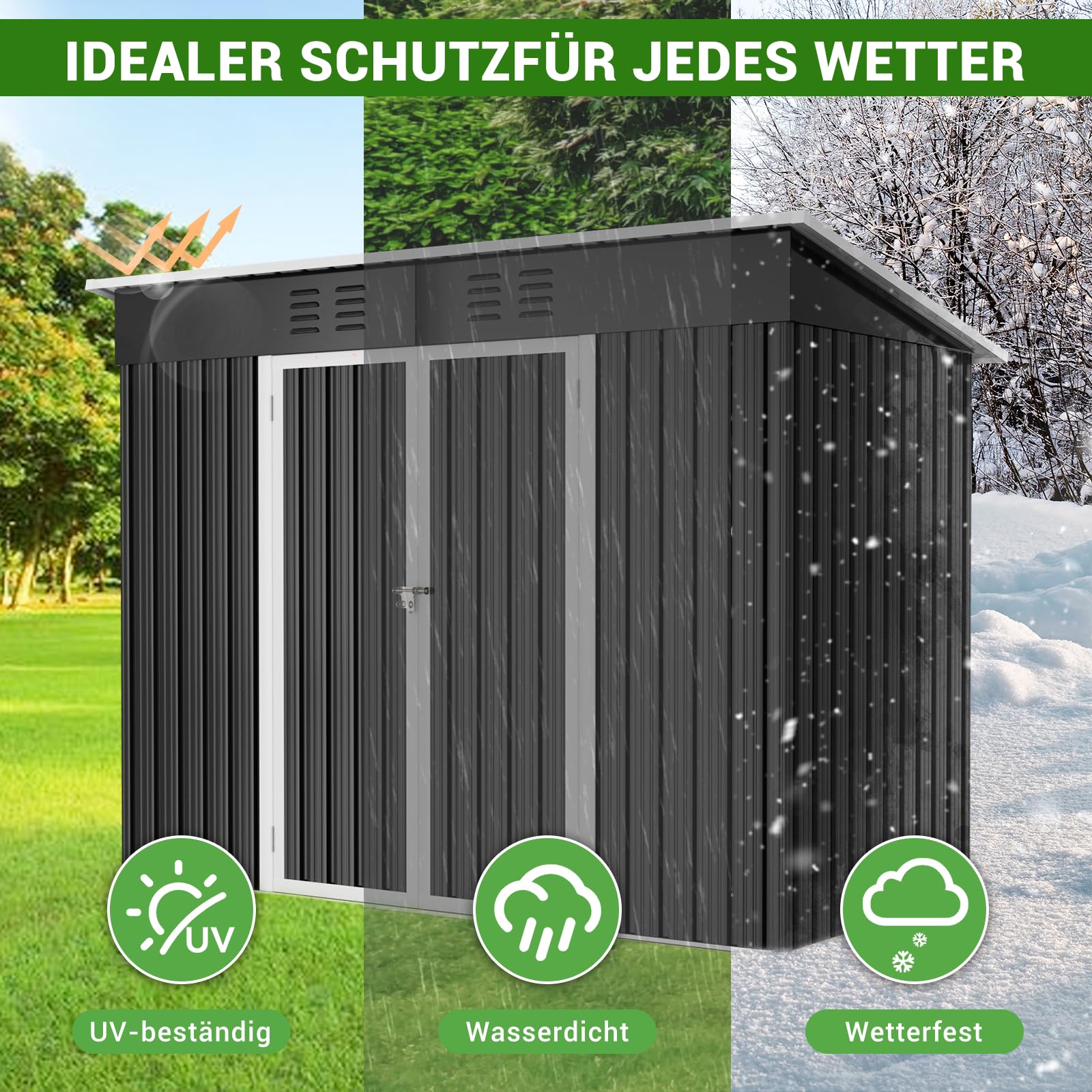 Amopatio Gerätehaus, Gartenhaus mit Pultdach, Geräteschuppen 228x109x182 cm (BxTxH), Gartenhaus Metall mit Tür, Verzinkte Gartenhülle Metall-Schuppen mit Fundamentrahmen, Schwarz