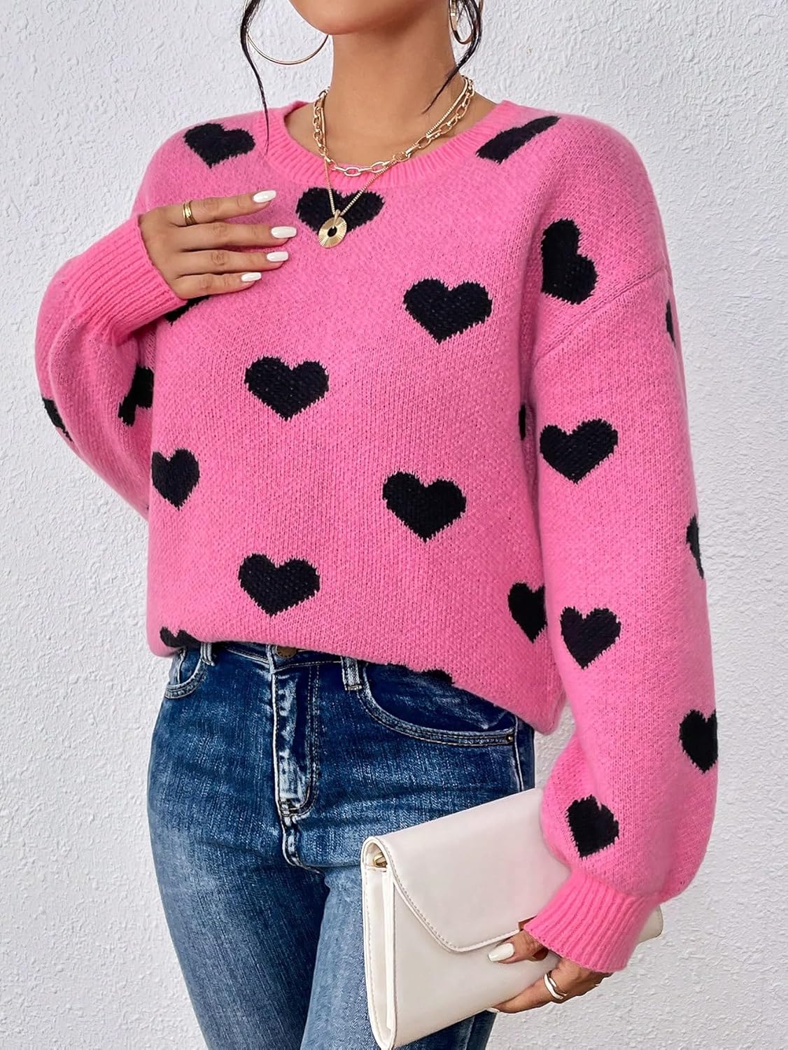 BEDAW Women's Sweater Heart Pattern Drop Shoulder Sweater Sweater for Women (Color : Hot Pink, Size : Large)