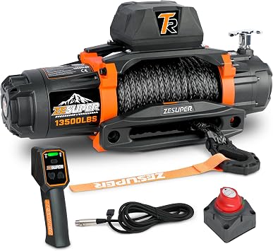 ZESUPER 13500 lb Load Capacity 12V Electric Winch 100ft Synthetic Rope Hook Winch Kit for Jeeps Trailer Truck SUV Waterproof IP68 Winches with Hawse Fairlead and 2 in 1 Wired&Wireless Handle Remote