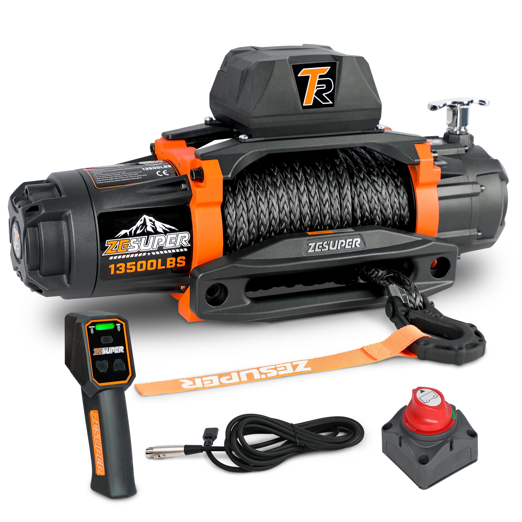 ZESUPER Elektryczna wciągarka linowa, 12 V, nośność 6123,5 kg, haczyki syntetyczne, zestaw wciągarek, wodoszczelna, IP66, elektryczna wciągarka ze sztucznym liną i przewodowym uchwytem 2 w 1