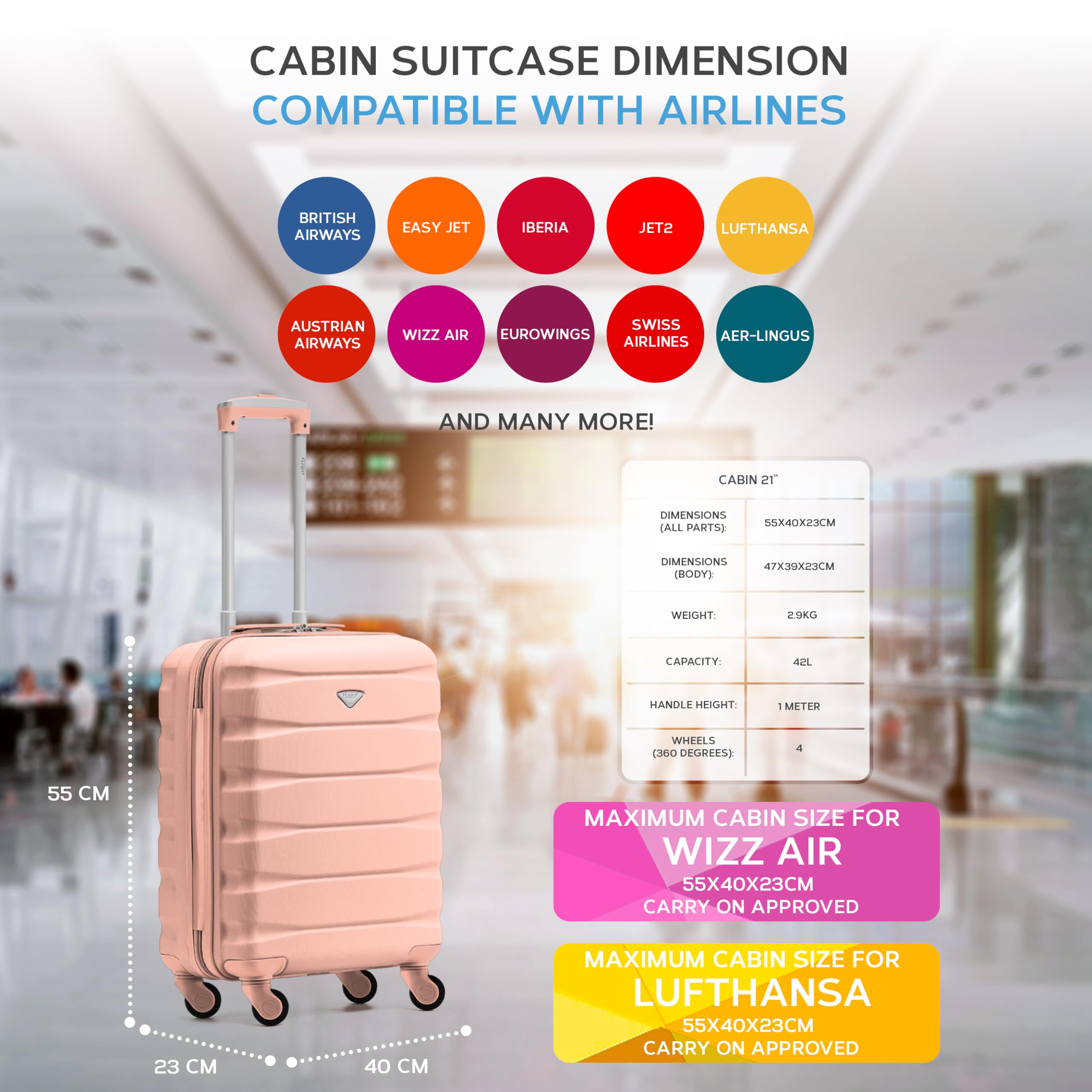 Flight Knight 55 x 40 x 23 cm Cabin Bag, Suitcase for Lufthansa & Over 30 Airlines Including British Airways, EasyJet Travle Bag- Lightweight Durable 4 Wheel Carry On Suitcase, Hard Shell- 55x40x23