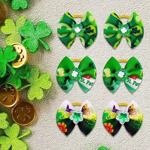 Miniatura 7 de Lazos para el pelo de perro para el día de San Patricio, 20 piezas/10 pedales, lazos de diamantes de imitación para perro, tréboles verdes de la
