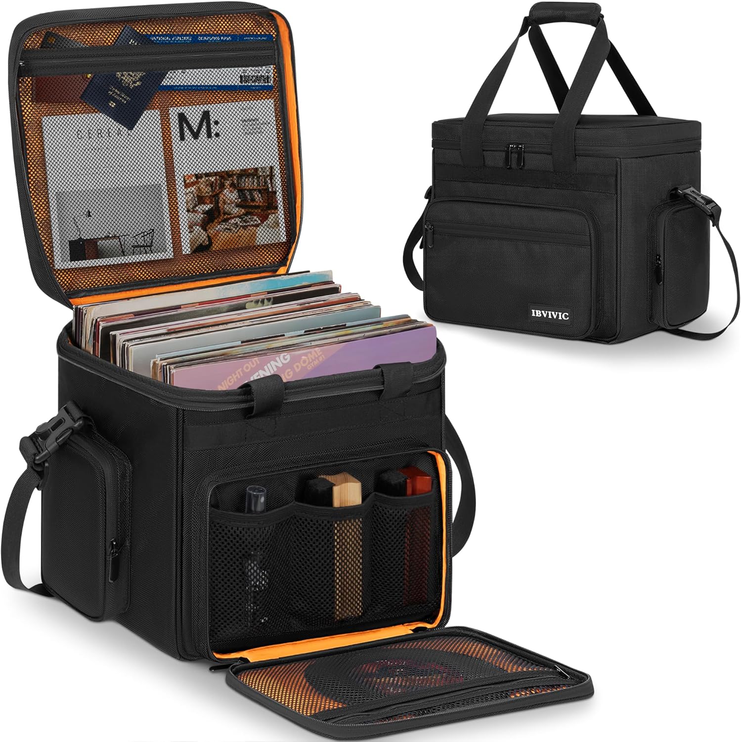 IBVIVIC Vinyl Record Carrying Bag Fits 7/10/12" Records, Travel Storage Case for Vinyl Albums Record Storage Organizer with 2 Detachable Divider (Large)
