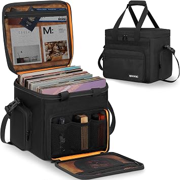 IBVIVIC Vinyl Record Carrying Bag Fits 7/10/12" Records, Travel Storage Case for Vinyl Albums Record Storage Organizer with 2 Detachable Divider Large