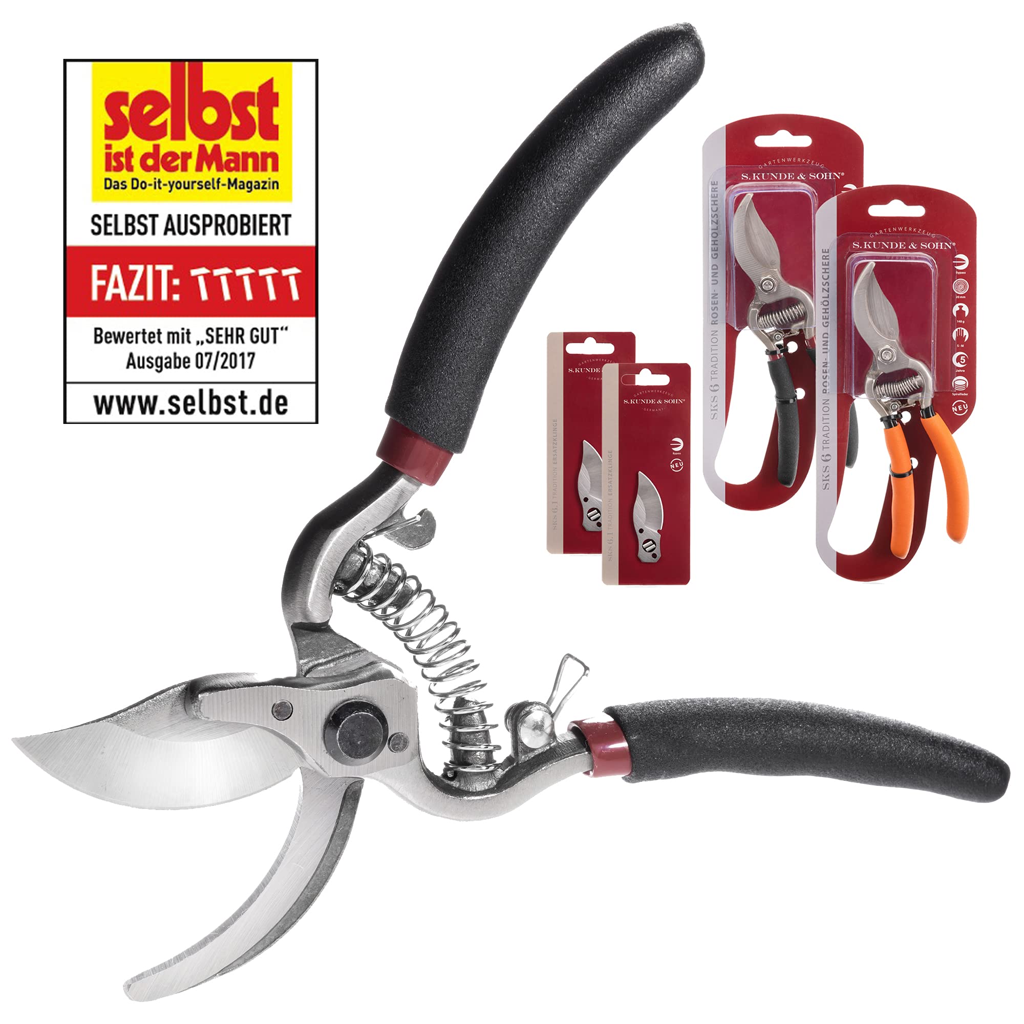 S. Kunde & Sohn Germany – die leichteste geschmiedete Gartenschere 2x SKS6 Tradition + 2 Ersatzklingen GRATIS – ergonomisches Design – Bypass – Rosen-Rebschere – ∅20mm – kompl. beschichtet, rostfrei