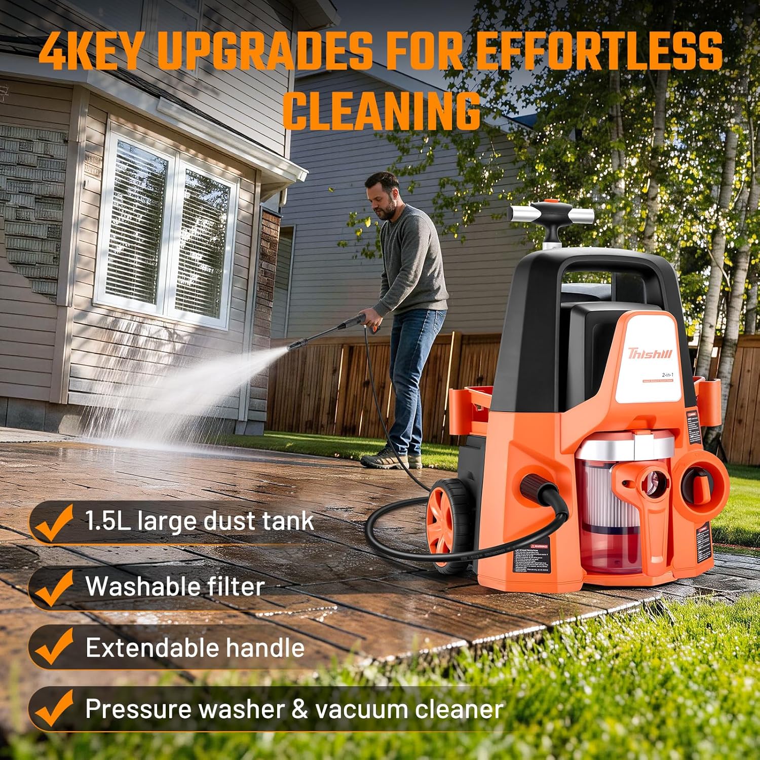 This Hill 4 in 1 Pressure Washer & Vacuum Cleaner, 1.7GPM 2800PSI with High Pressure Cleaner, 1400W High-Pressure Steamer for Cleaning, Fit for Home, Tile, Carpet, Furniture & Personal Car Detailing