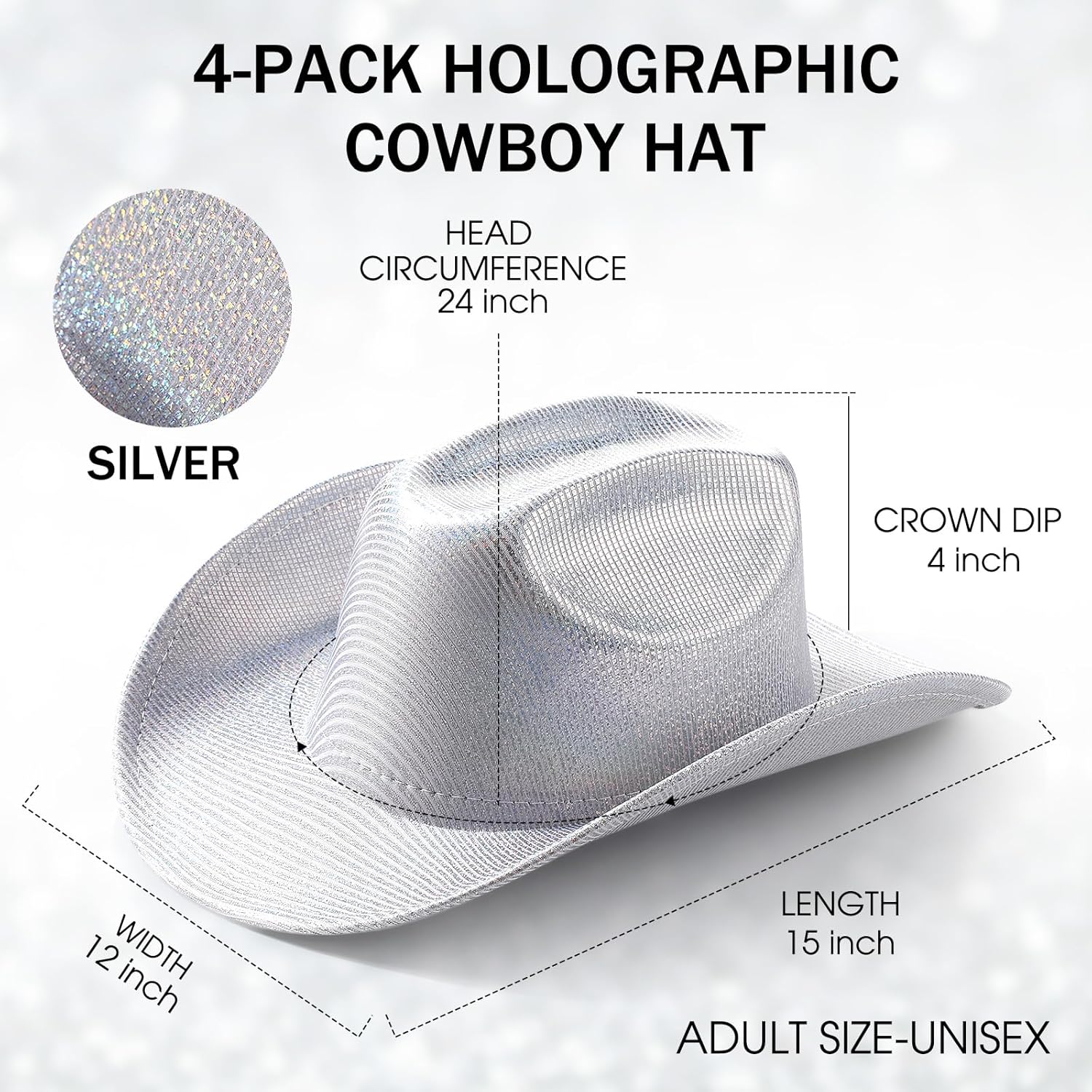 4 Pcs Sparkle Sequin Space Holographic Cowboy Hat for Womens Glitter Western Cowgirl Hat for Disco Party - Image 2