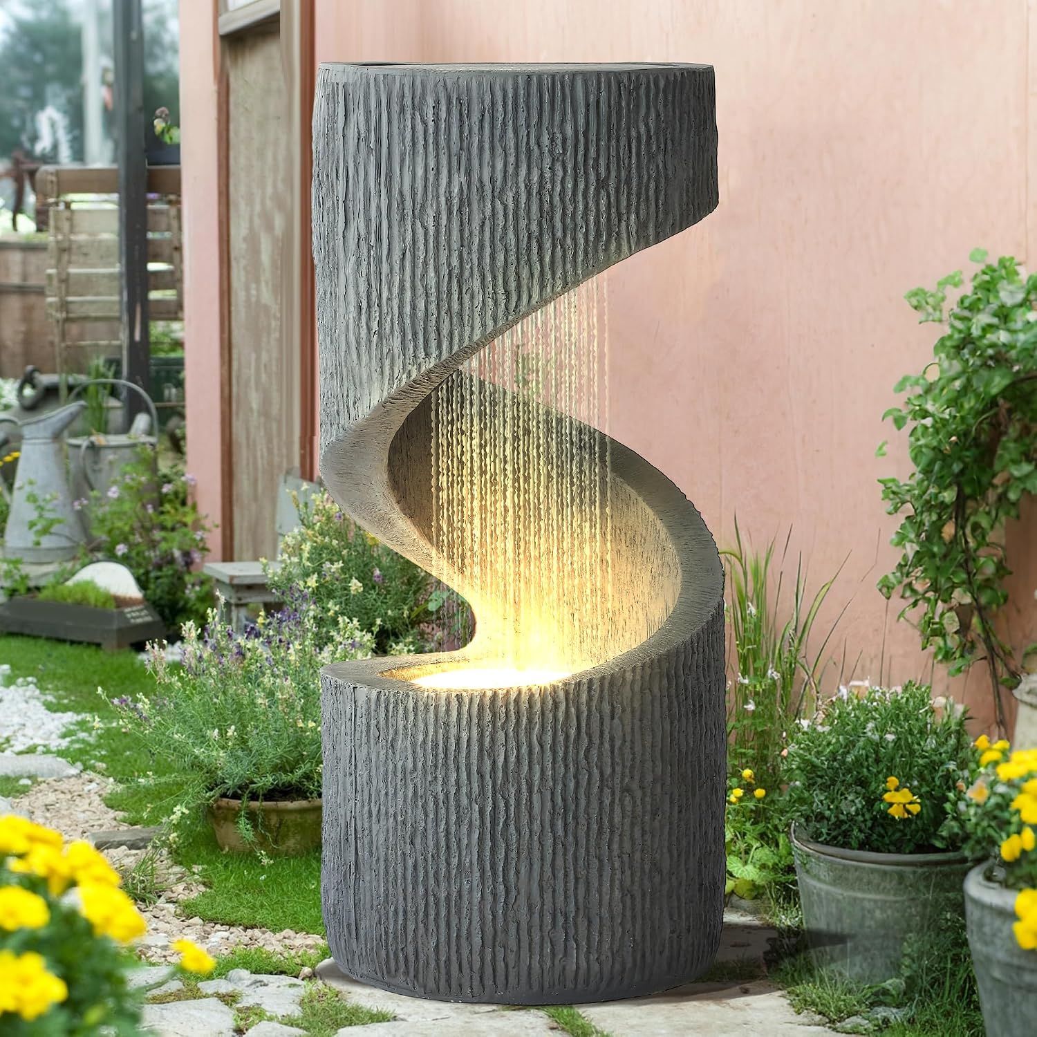 31.9" S-Shaped Outdoor/Indoor Water Fountain, Modern Curved Waterfall Feature with LED Lights, Floor-Standing Resin Spiral Garden Fountains Outdoor with Flat Top for Plant Display