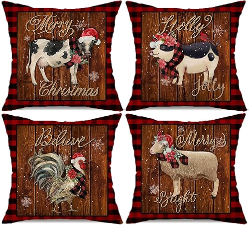 Juego de 4 fundas de almohada navideñas de animales de granja de 18 x 18 pulgadas, diseño de búfalo a cuadros de vaca, oveja, cerdo, pollo, granja,