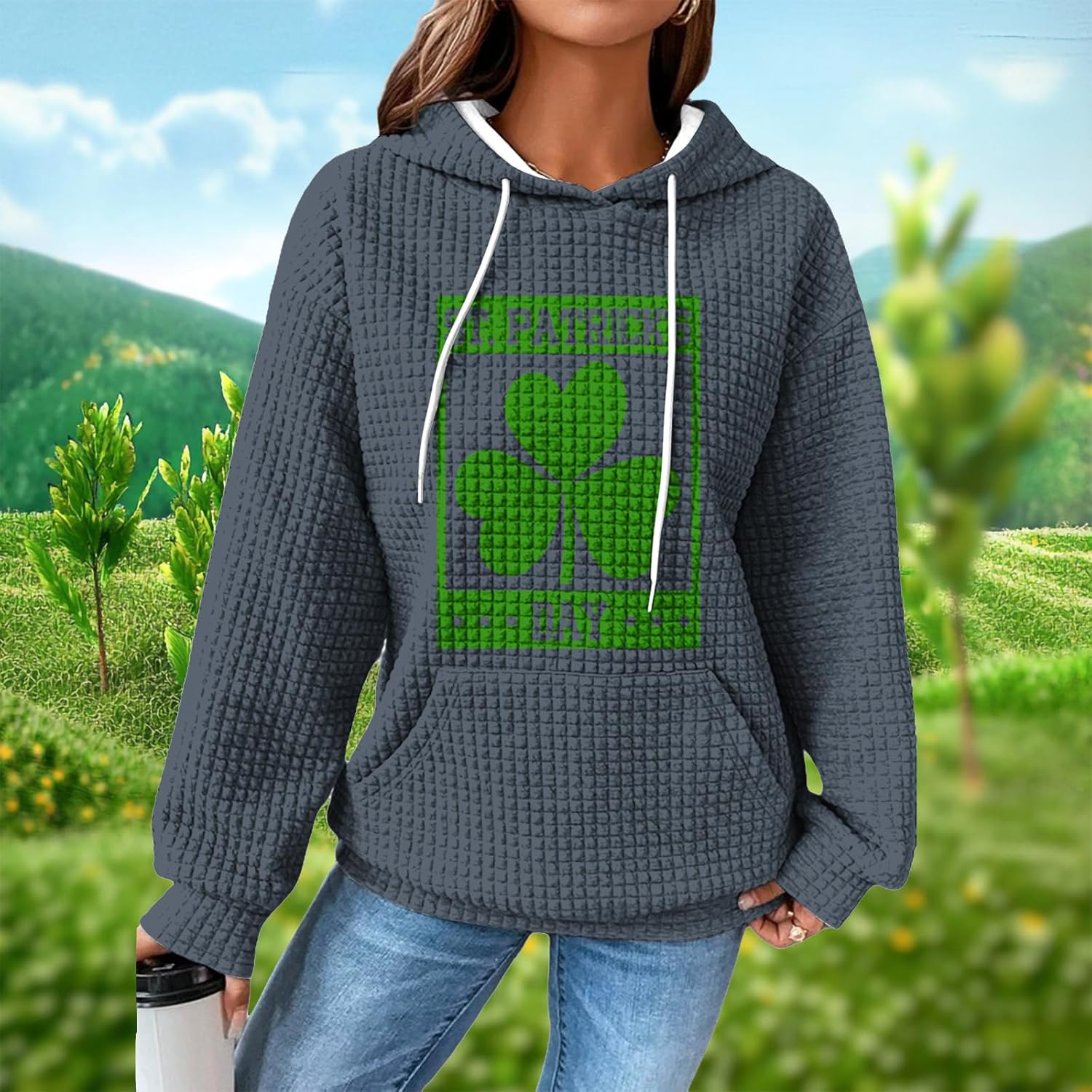 St Patricks Day Hoodies For Women Shamrock Print Waffle Pullover Fashion Long Sleeve Hooded Sweatshirts With Pocket - Image 2
