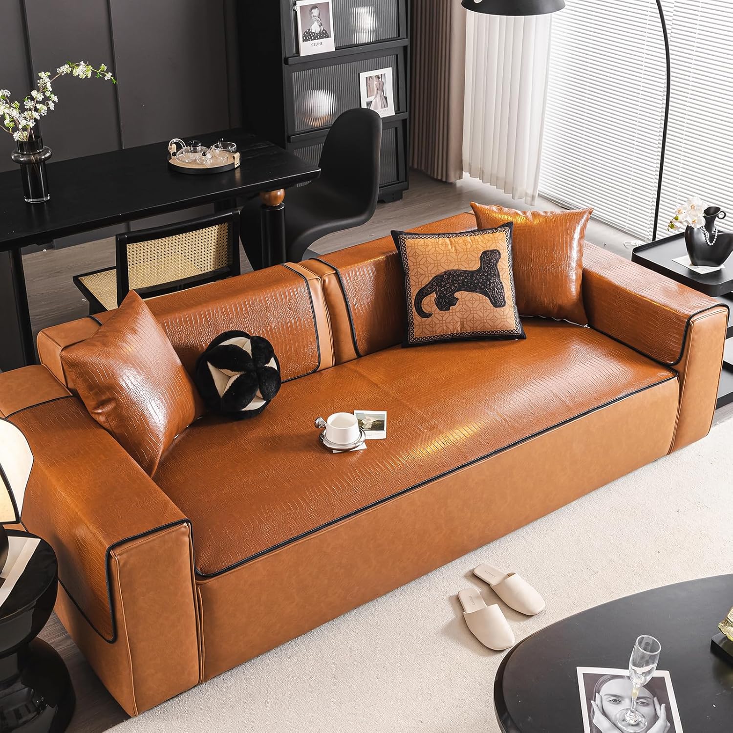 vctops Waterproof Vintage Brown PU Leather Couch Cover Anti Slip Sofa Cover for Dogs Wipe Clean Leakproof Sectional Couch Covers Furniture Protector for Pet Cat (Yellow Brown,30"x94")