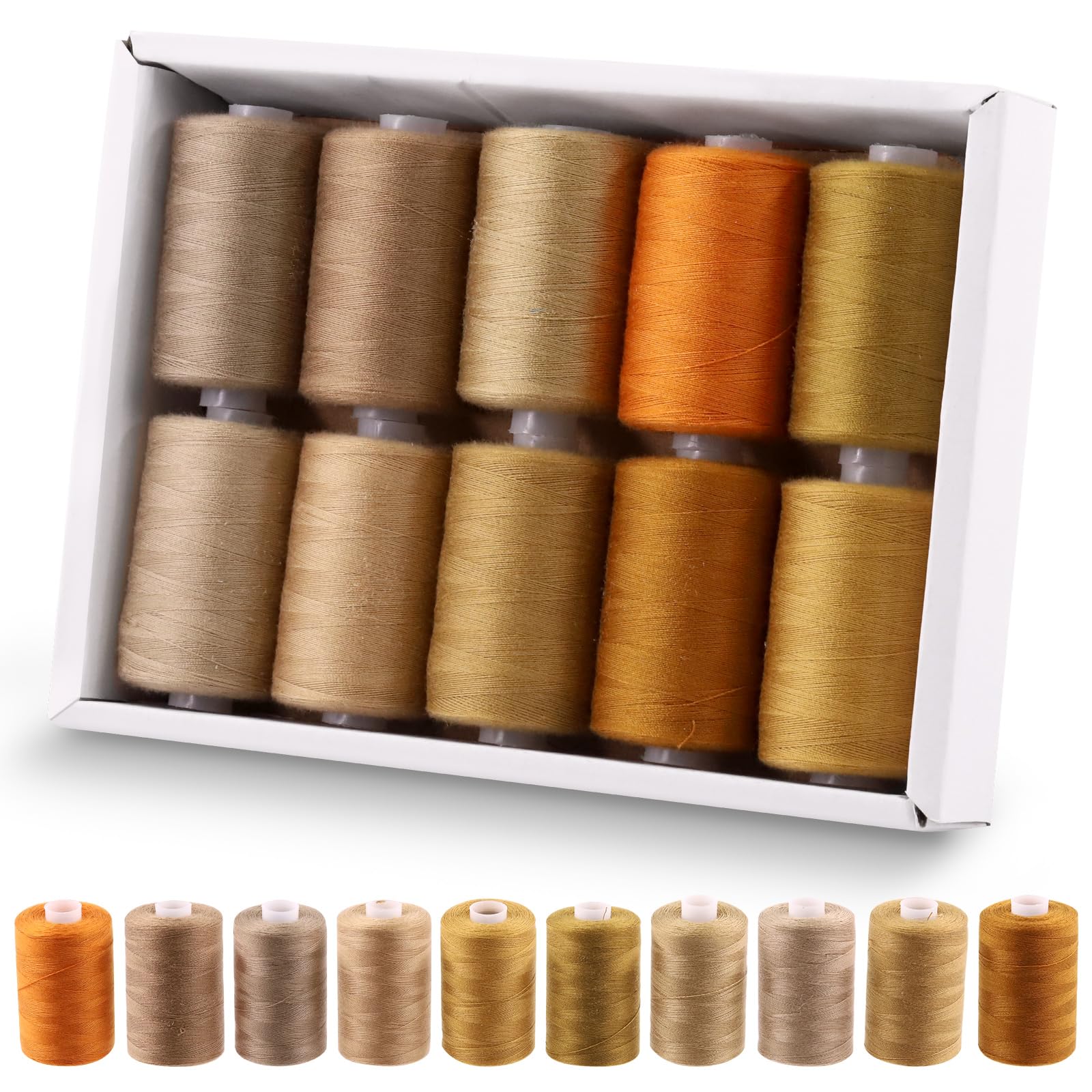 Rustark 10Pcs 1000 Yards Brown Color Tones Polyester Sewing Threads Kit All Purpose Spools of Thread Embroidery Machine Thread Hand Sewing Thread Assortment for Sewing and Embroidery