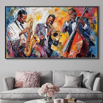 Jazz Canvas Wall Art, Abstract Jazz Colorful Music Painting Print, African American Jazz Wall Decor Picture, Music Wall Art, Jazz Band Poster, Music Lovers Gift Black Framed, 36x20in|92x52cm