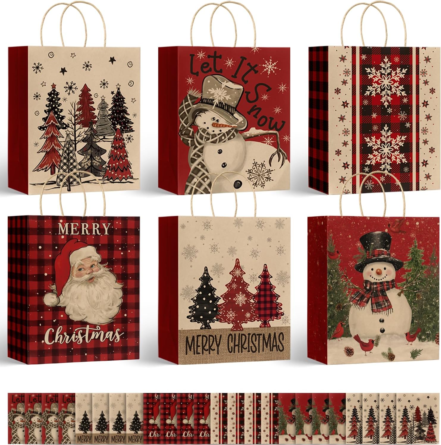 Horaldaily 24 Christmas Gift Paper Bags Bulk with handles Wrapping, Buffalo Plaid Santa Christmas Trees Snowman Xmas Holiday Presents(24 Large)