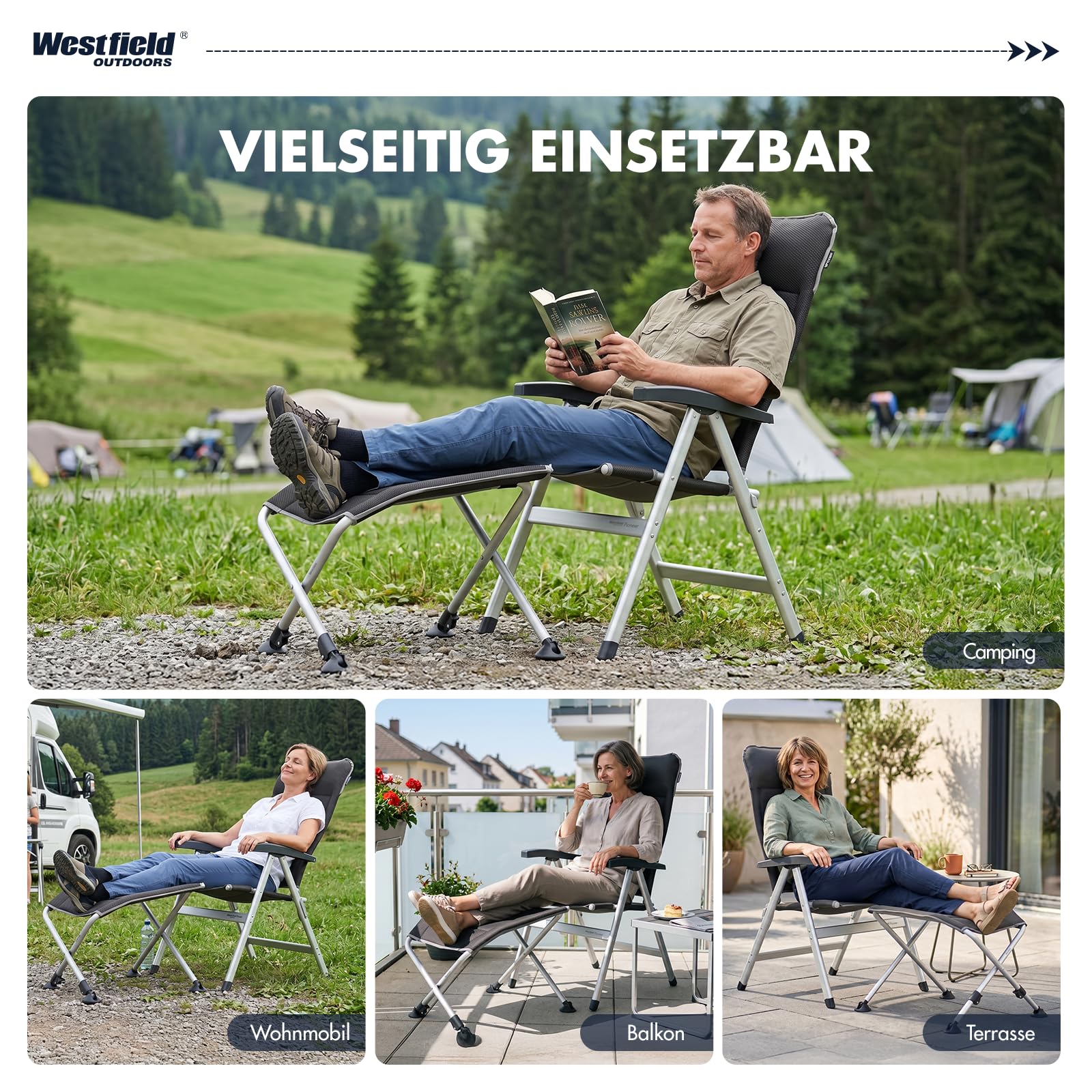 Westfield Outdoors Focus Camping Fußhocker faltbar, höhenverstellbar 35-45cm, 1,8 kg leicht tragbar, UV-beständig, komfortabel für Camping, Garten und Strand, bis 100kg belastbar