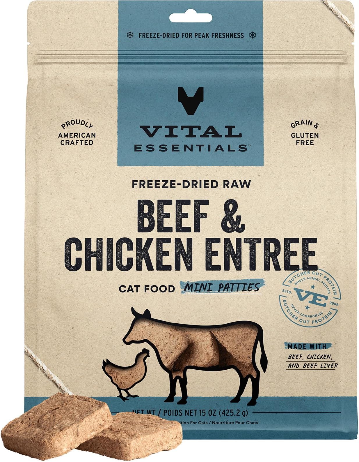 Vital Essentials Freeze Dried Cat Food, Raw Beef & Chicken Mini Patties | Complete Meal or Topper | Easy to Portion and Rehydrate | High Protein, Grain Free Dry Cat Food | 15 oz Bag
