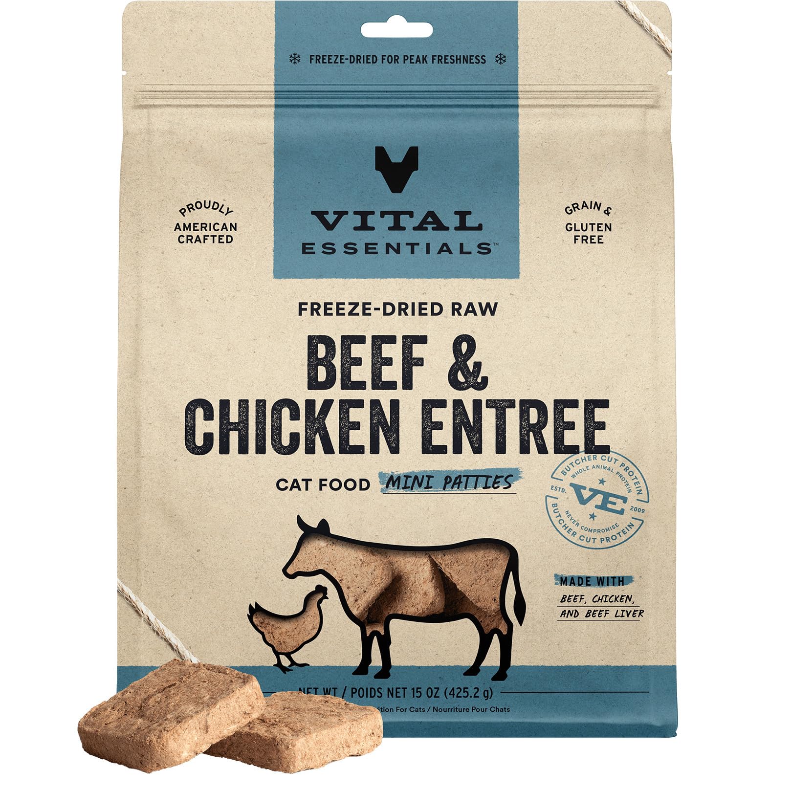 Freeze Dried Cat Food, Raw Beef & Chicken Mini Patties | Complete Meal or Topper | Easy to Portion and Rehydrate | High Protein, Grain Free Dry Cat Food | 15 oz Bag