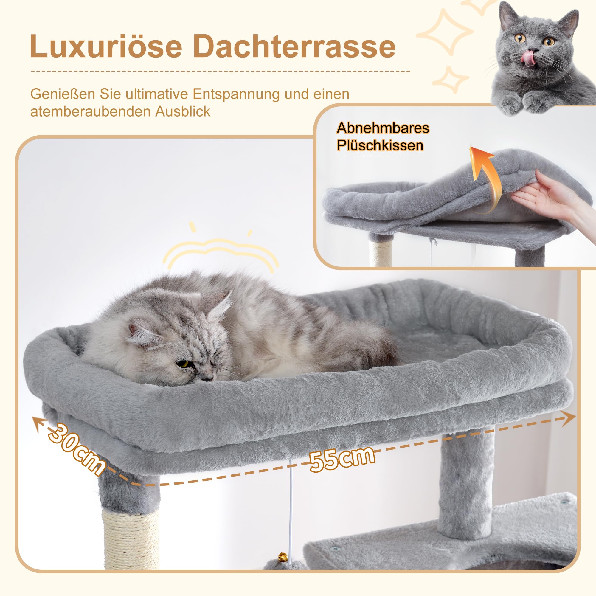 Heybly Kratzbaum Groß, 193 cm Hoch Kratzbaum Grosse Katzen Stabil, Inklusive 2 Katzenhäuschen, Einer Hängematte, Einem Katzenkorb und 10 Sisal-Kratzstämmen, Hellgrau HCT039W