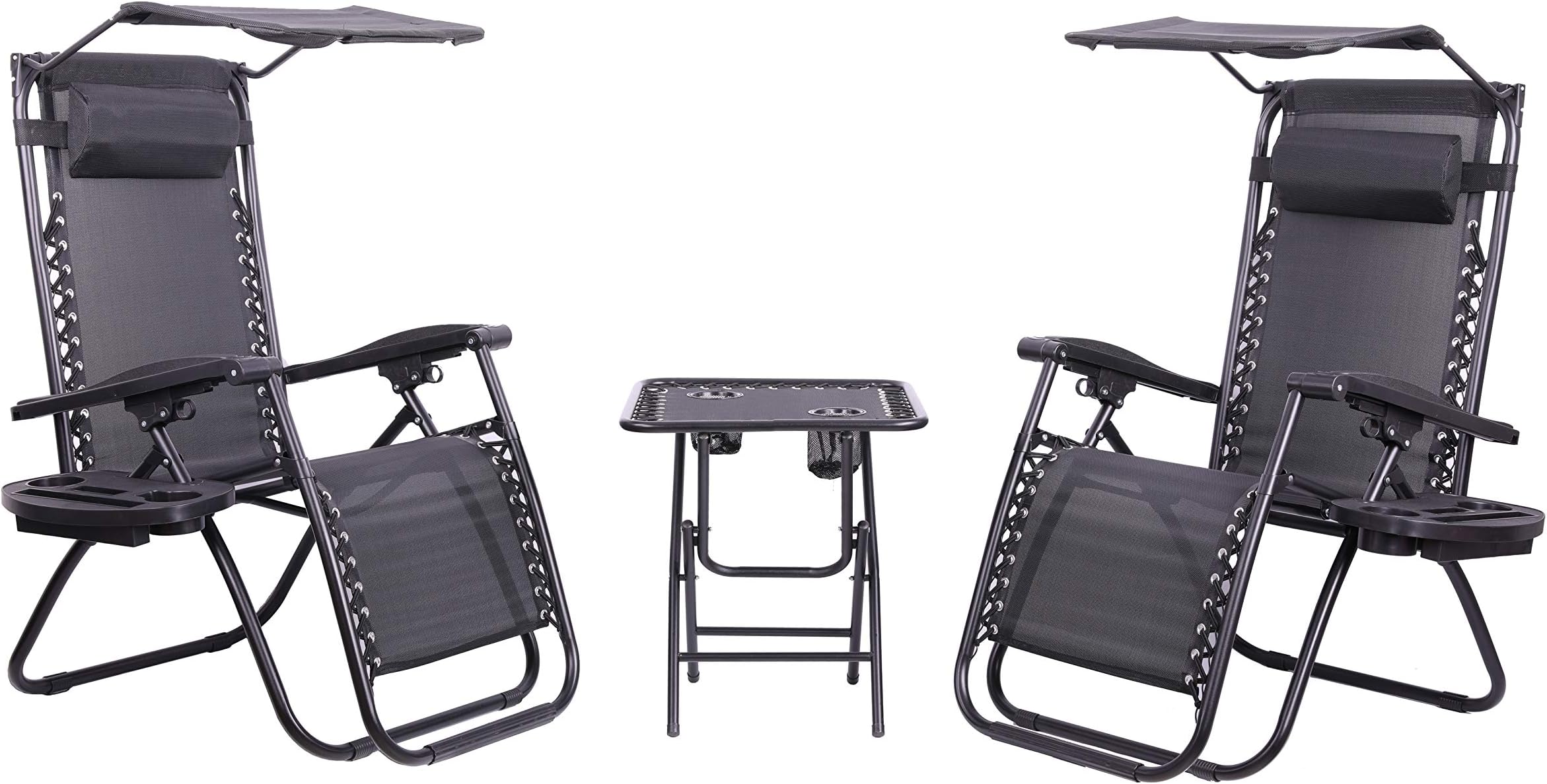 Olsen & Smith Valencia 3 Piece Zero Gravity Reclining Garden Patio Deck Chair Sun Lounger Set, 2 Chairs with Tray & Canopy Accessories & Table, Black