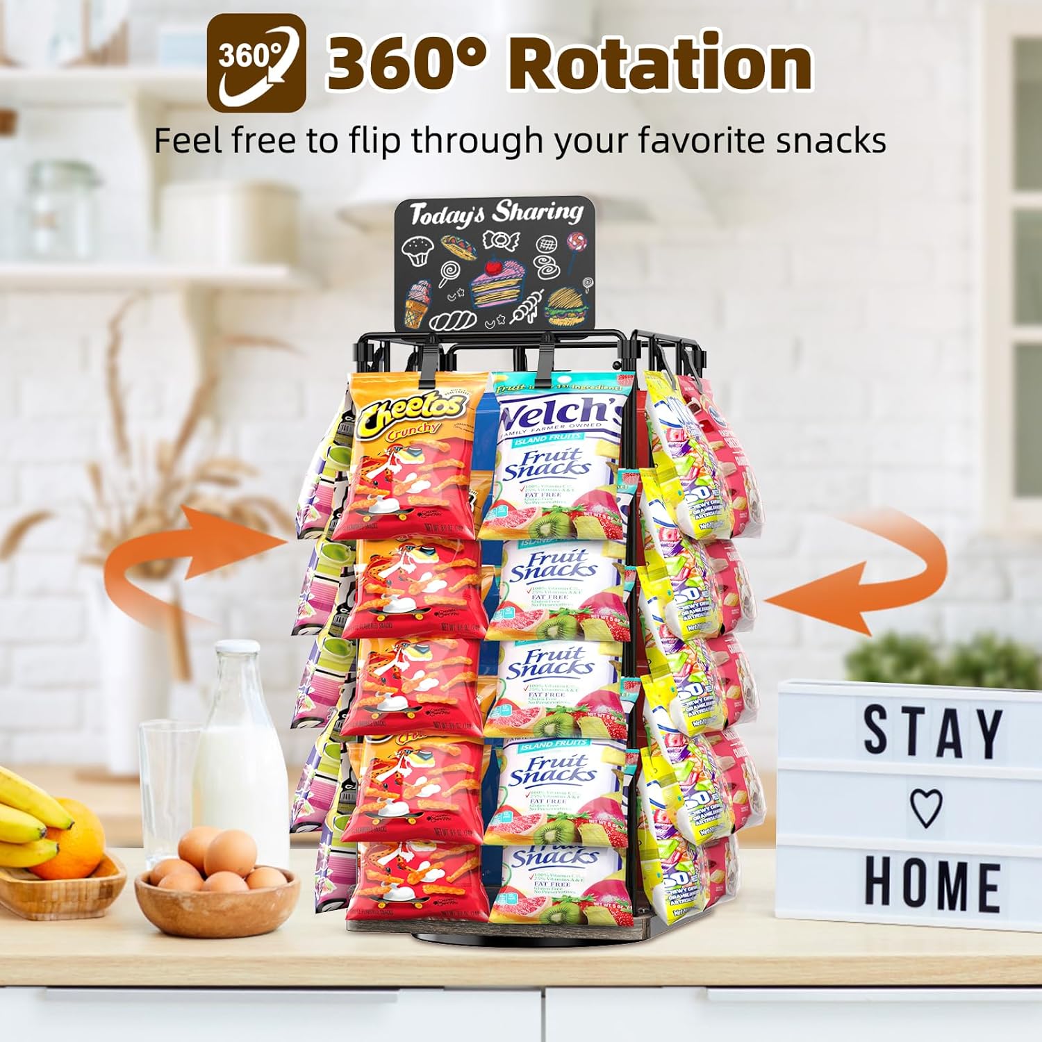 OFUSUY Chip Rack Display Stand, 5 Tiers 40 Clips Display Stand Easy Installation, 360°Rotating Wooden Base Chip Bag Holder for Concession Stand, Snack Organizer for Christmas Party, Retail